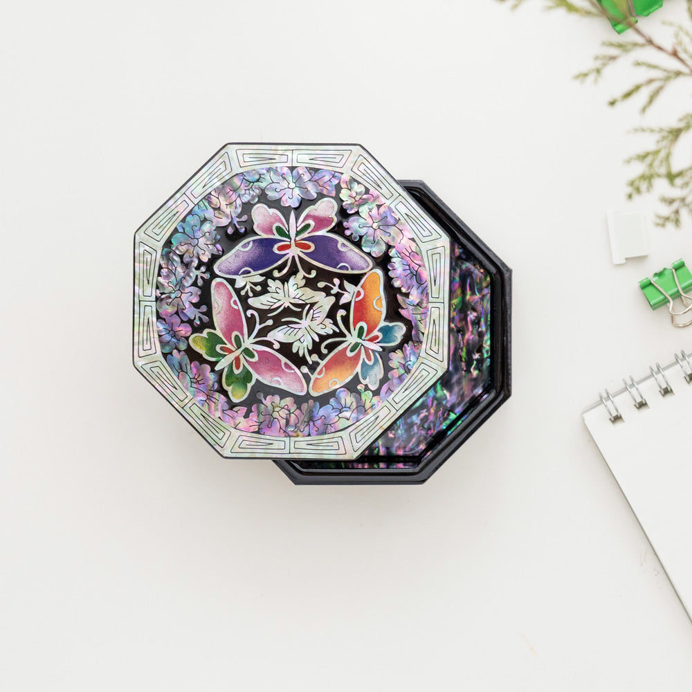Najeonchilgi Lacquerware Crane & Pine Octagonal Mother of Pearl Box 9 Cm Mini Mother of Pearl Jewelry Box Ring Storage Box Gift for International Customers