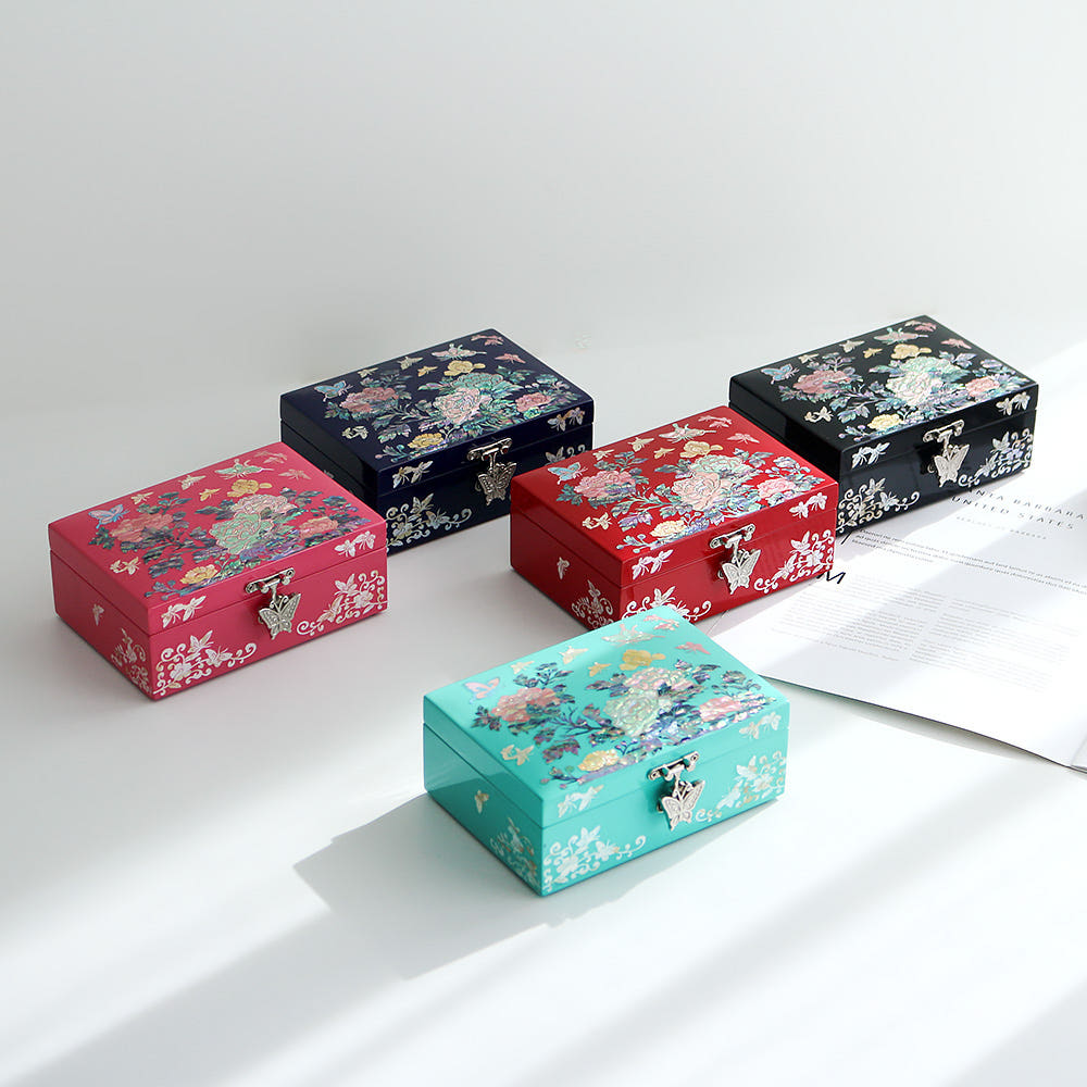 Najeonchilgi Mother of Pearl Jewelry Box Hanji Butterfly Peony Flower Jewelry Box Najeon Jewelry Box Korean, 16 cm