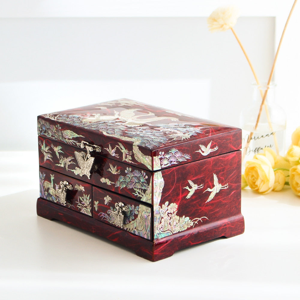 Najeonchilgi 1-Tier Hanji Pine & Crane 2-Drawer Mother of Pearl Jewelry Box