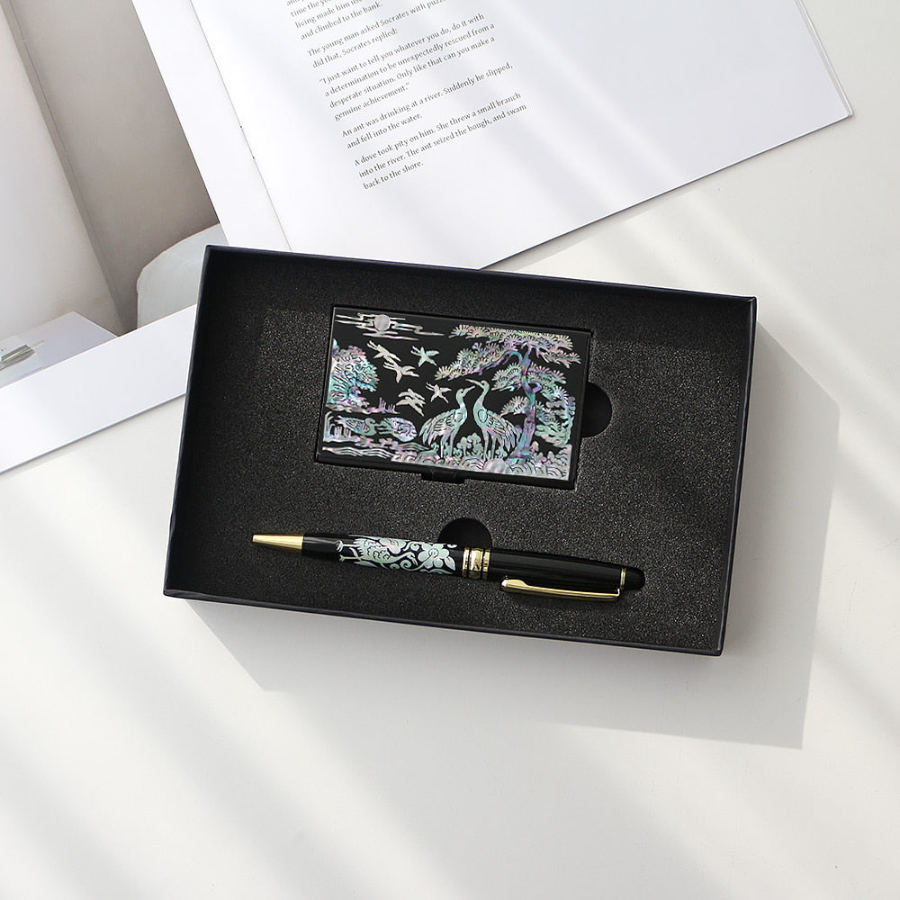 2-Piece Set: Carved Business Card Case K Mother of Pearl Pen Set