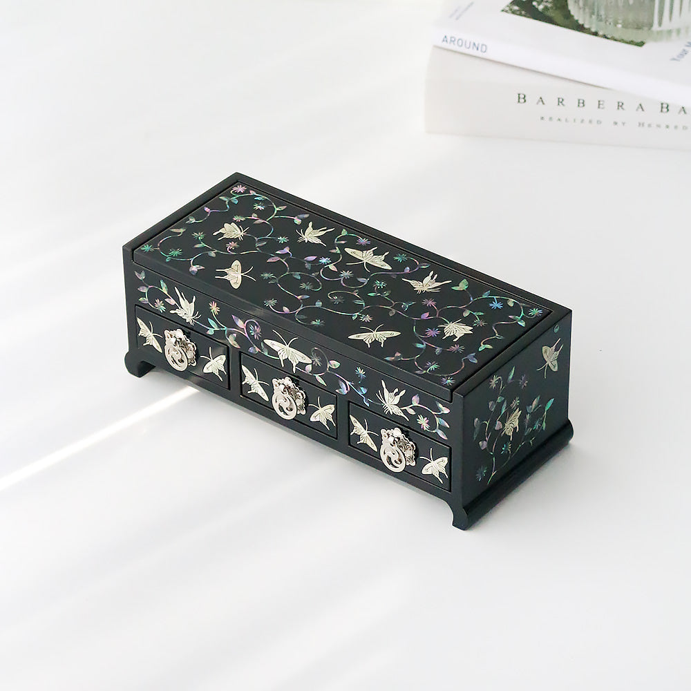Najeonchilgi Arabesque Butterfly 3-Tier Drawer Mother of Pearl Jewelry Box, 23 cm