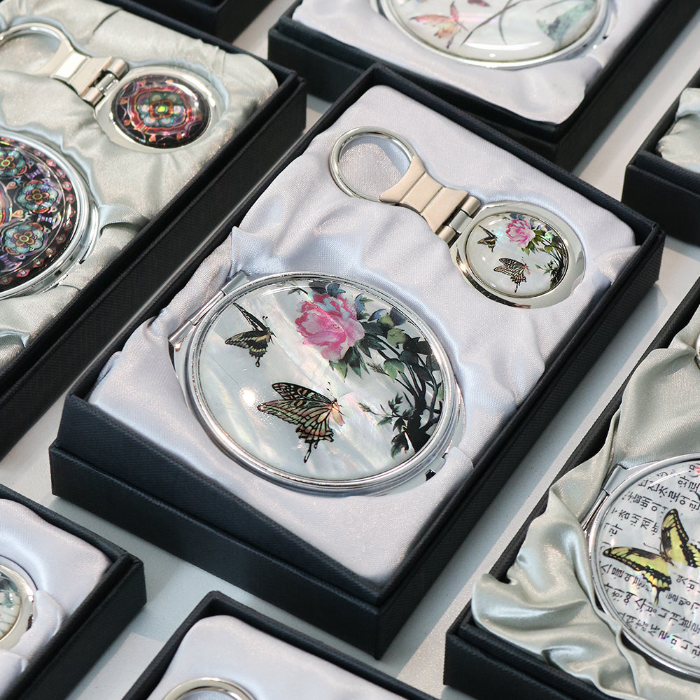 2-Piece Set: Mother of Pearl Hand Mirror Keyring N