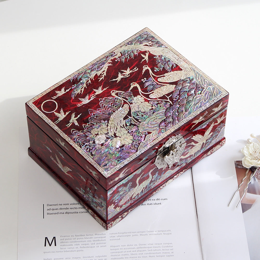 Najeonchilgi Pine & Crane Hanji Mother of Pearl Jewelry Box, 18 cm