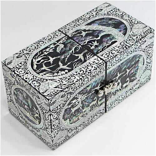 Premium Najeonchilgi Lacquerware Ten Symbols of Longevity Oval Border Double Lidded Mother of Pearl Jewelry Box