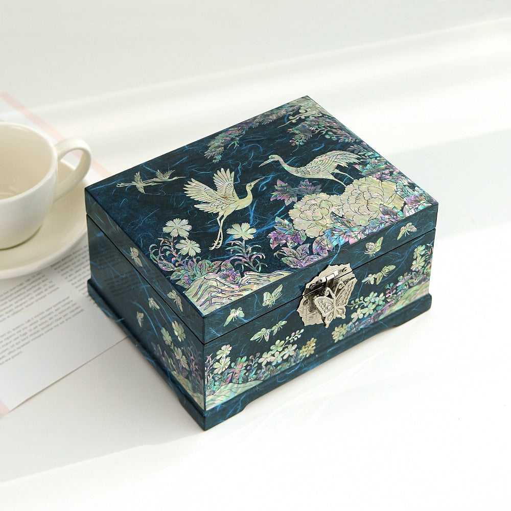 Najeonchilgi Peony Pine & Crane Hanji Mother of Pearl Jewelry Box, 18 cm