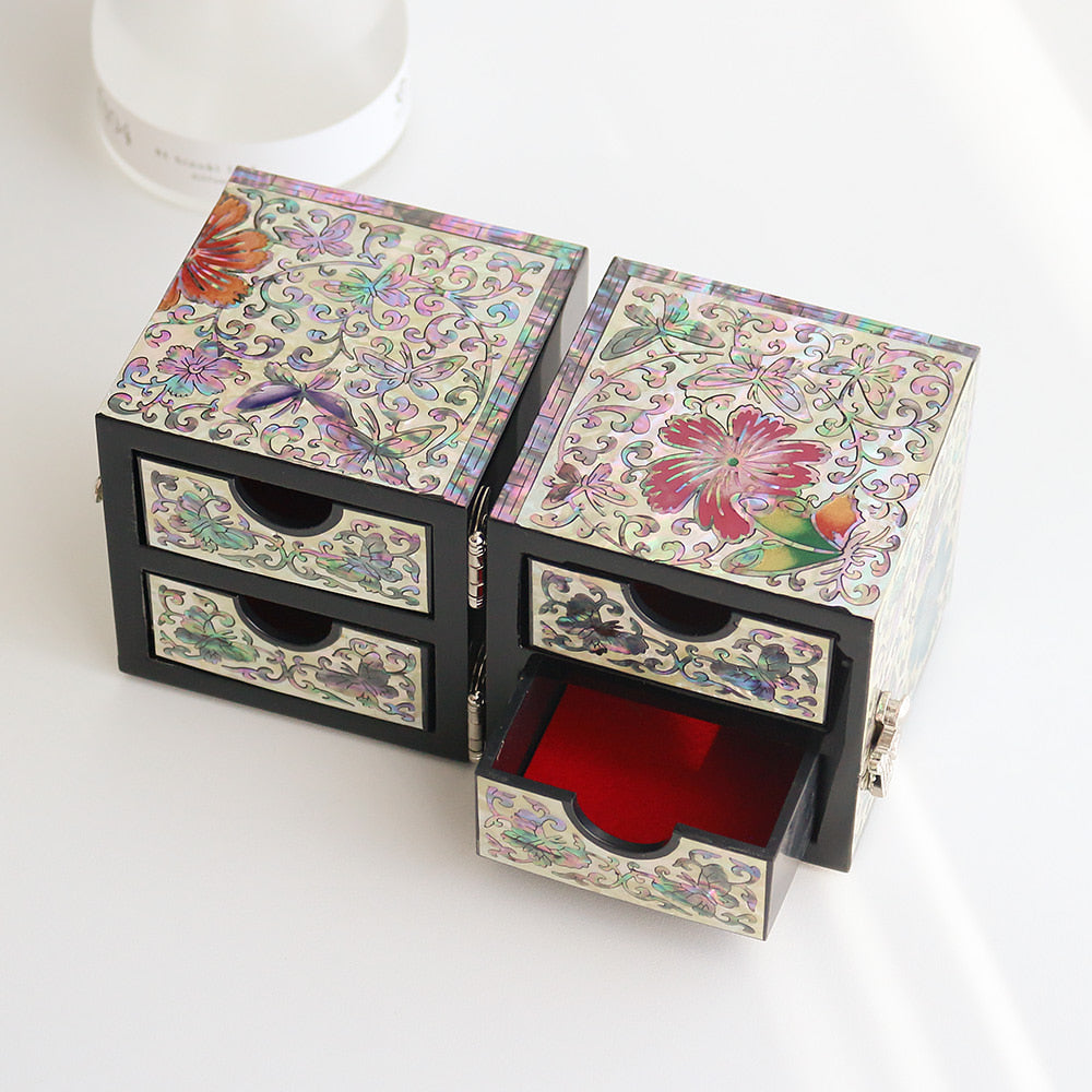 Najeonchilgi Painted Flower & Butterfly Double-Lidded Mother of Pearl Jewelry Box Black (Master Artisan Jang Tae-bok)