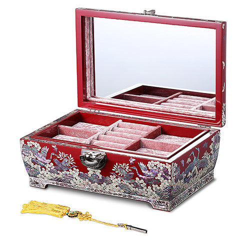 Pine & Crane Rounded 2-Tier Najeonchilgi Jewelry Box, Large (Red) by Jang Tae-bok