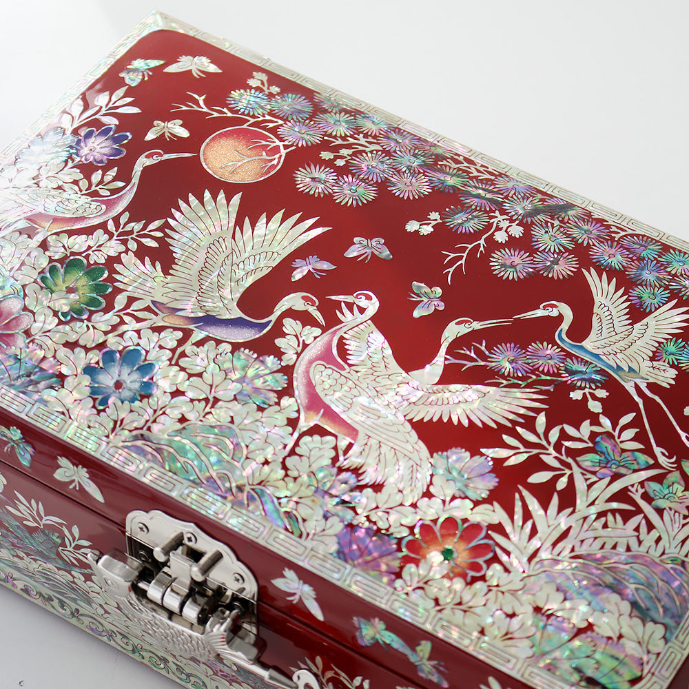 Masterpiece Najeon Large 2-Tier Flower Pine & Crane Jewelry Box, 30 cm (Master Artisan Jang Tae-bok)
