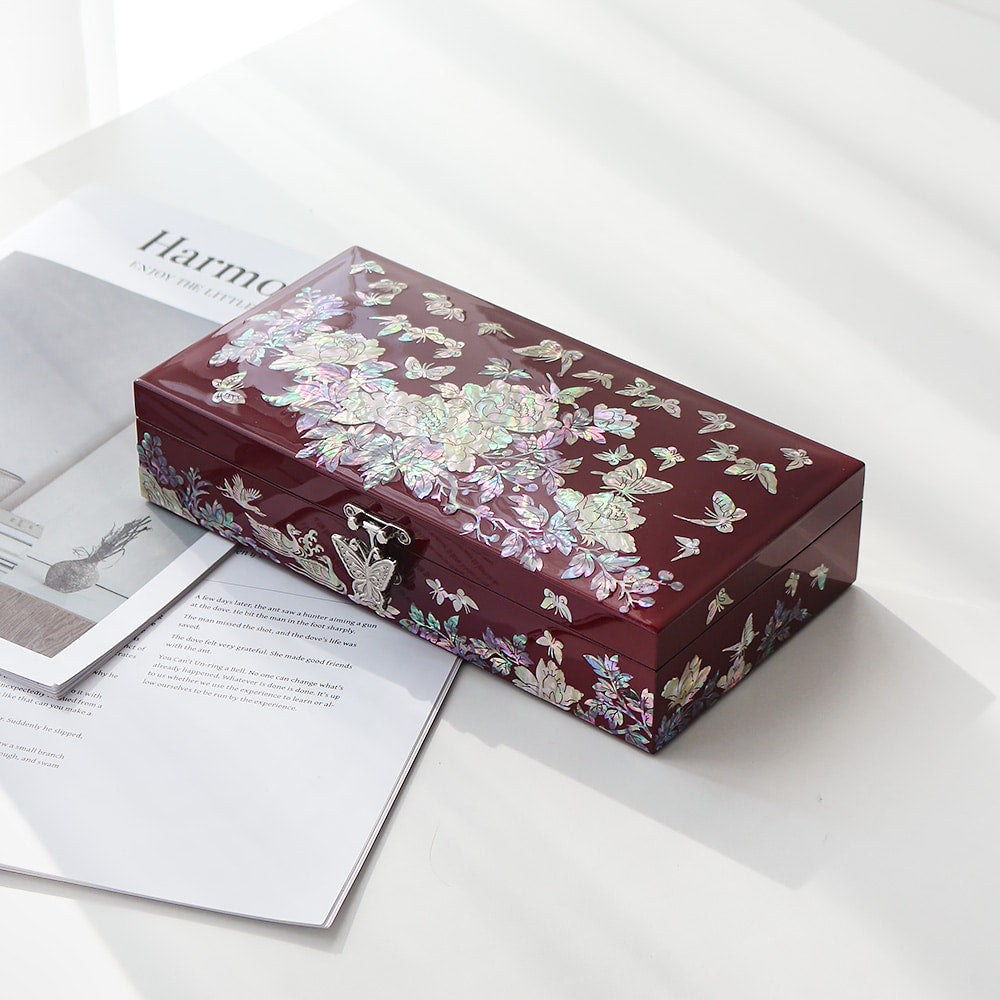 Najeonchilgi 1-Tier Peony & Butterfly Yedan Jewelry Box H Jewelry Box Yedan Wedding Gift Box Mother of Pearl, 23 cm
