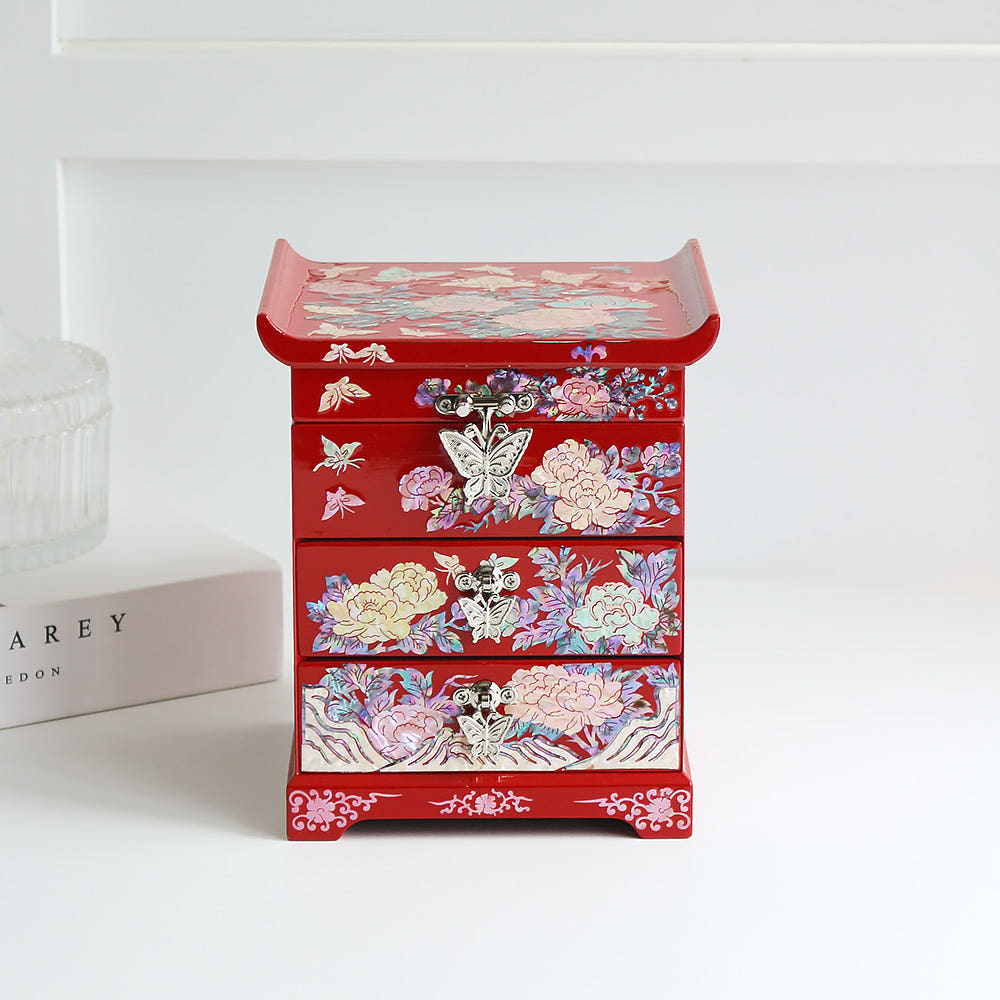 Vivid Peony 2-Tier Drawer Mother of Pearl Jewelry Box Najeonchilgi Jewelry Box Najeon Vanity Mirror Jewelry Box Storage