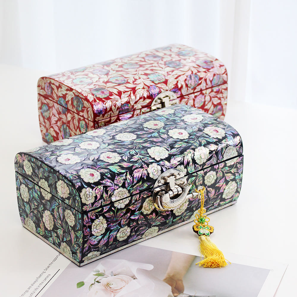 Premium Yedan Jewelry Box Peony of Wealth Rounded Mother of Pearl Jewelry Box Black Najeonchilgi Jewelry Box, 21 cm