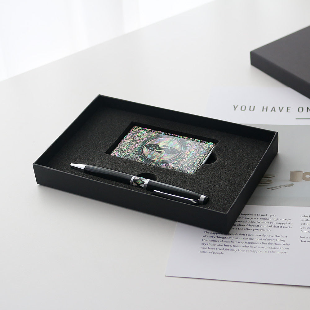 2-Piece Set: Black Mother of Pearl Business Card Case N Gift Mother of Pearl Pen