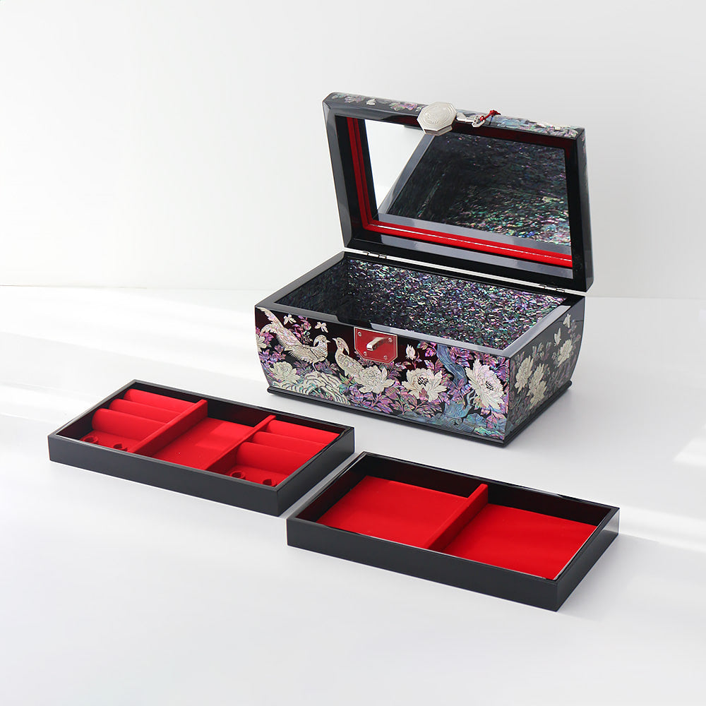 Masterpiece Najeonchilgi Peacock Peony of Wealth 3-Tier Rounded Mother of Pearl Jewelry Box, 30 cm