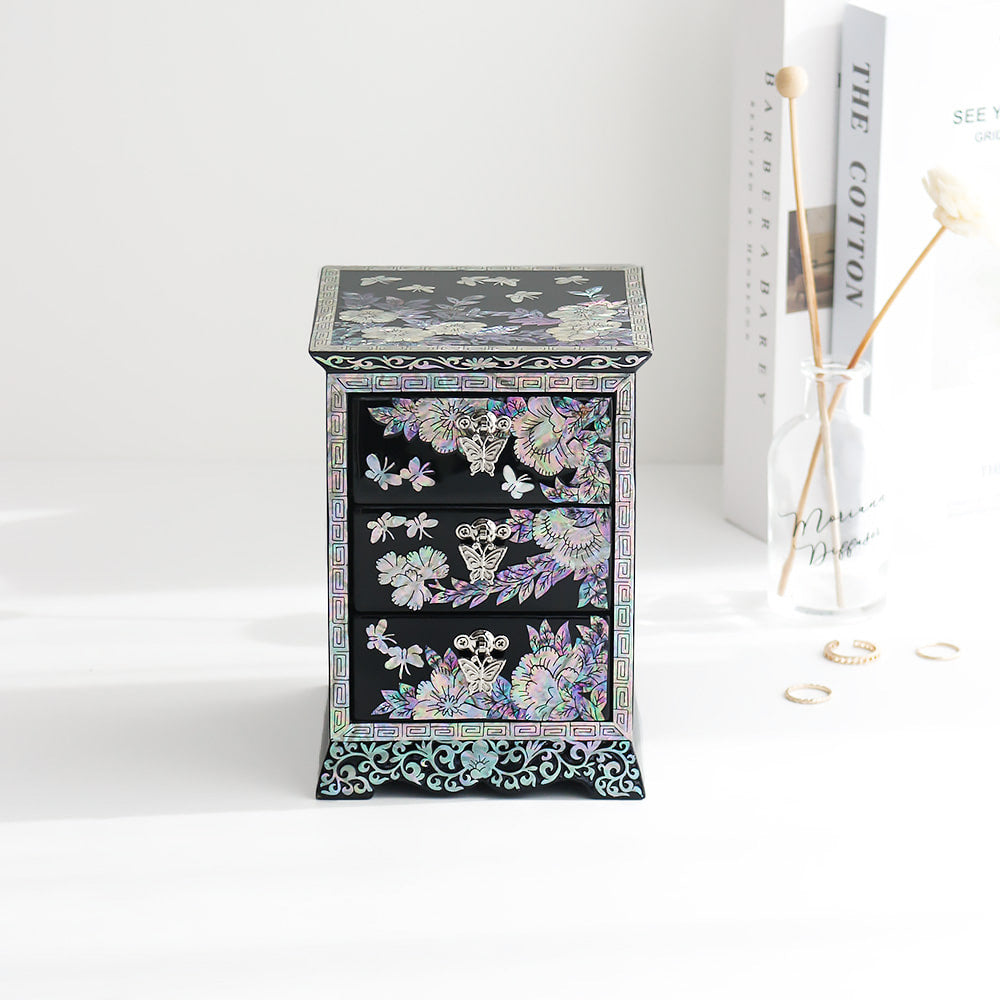 Najeonchilgi Peony Flower Arabesque 3-Tier Drawer Mother of Pearl Jewelry Box