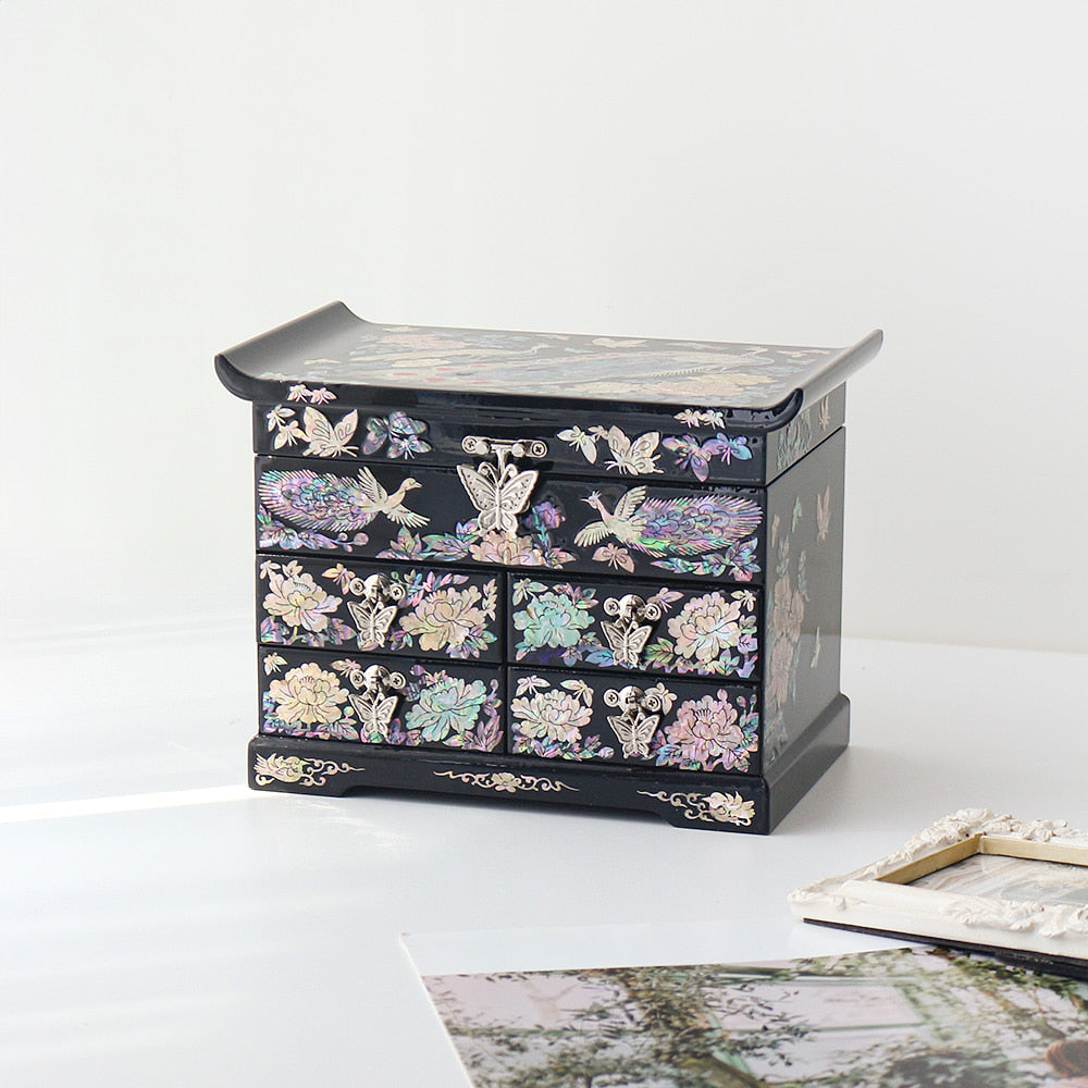 Najeonchilgi Peacock Flower 4-Tier Drawer Mother of Pearl Jewelry Box (Medium)