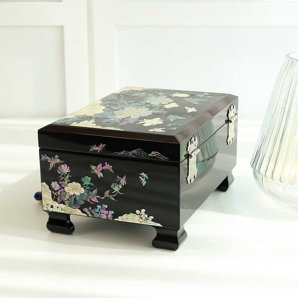 Masterpiece Najeonchilgi Peony & Pearl 2-Tier Mother of Pearl Jewelry Box Yedan Wedding Gift Box, 24 cm (Master Artisan Hong Seok-pyo)