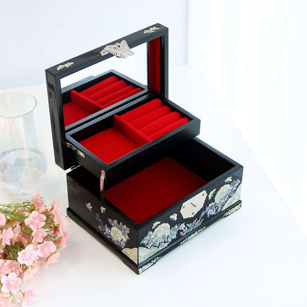 Najeonchilgi Peony Flower 2-Tier Mother of Pearl Jewelry Box Black, 18 cm