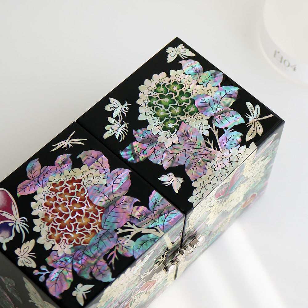 Najeonchilgi Hydrangea Double-Lidded Mother of Pearl Jewelry Box Black (Master Artisan Jang Tae-bok)