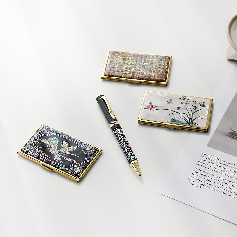 2-Piece Set: Gold Mother of Pearl Business Card Case N Hangul Lattice Mother of Pearl Pen Set (Lower Inlay)
