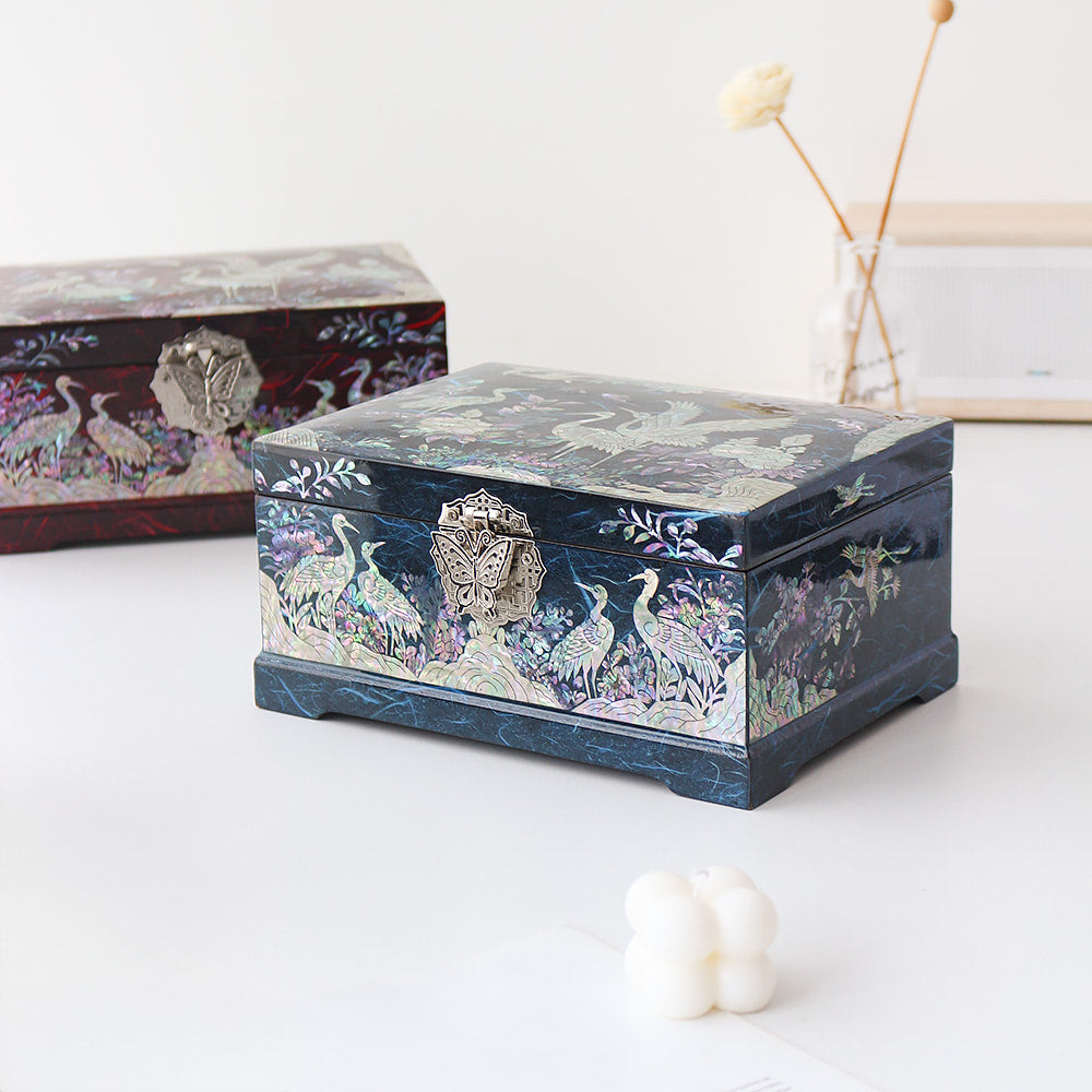 Najeonchilgi Hanji Flower Pine & Crane 2-Tier Mother of Pearl Jewelry Box, 21 cm