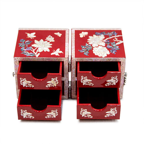 Peony NaturalMother of Pearl Double Lidded Jewelry Box (Medium, Glossy, Red) - Oh Myung - Ho