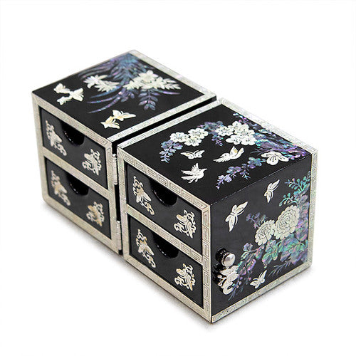 Four Gracious Plants NaturalMother of Pearl Double Lidded Jewelry Box (Medium, Glossy, Black) - Oh Myung - Ho