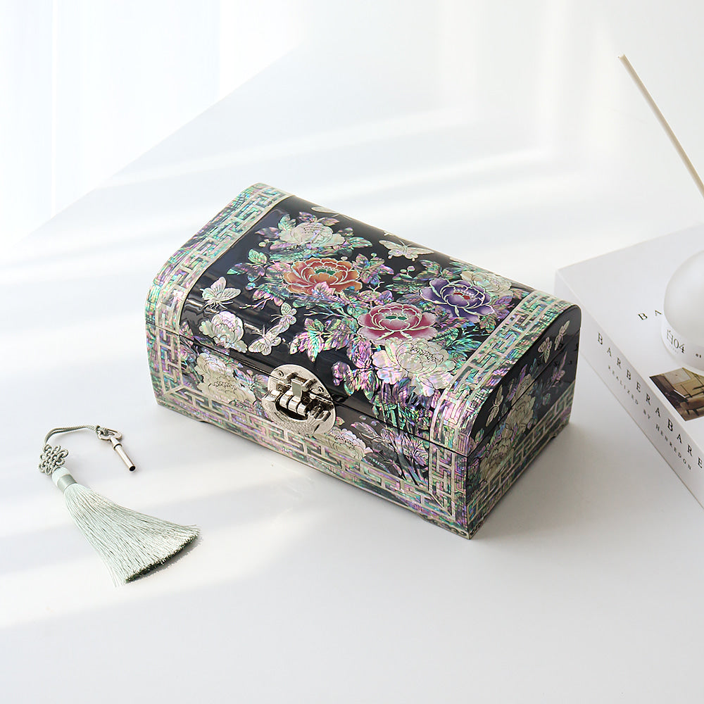 Najeonchilgi Painted Peony of Wealth Rounded Mother of Pearl Jewelry Box, 24 cm