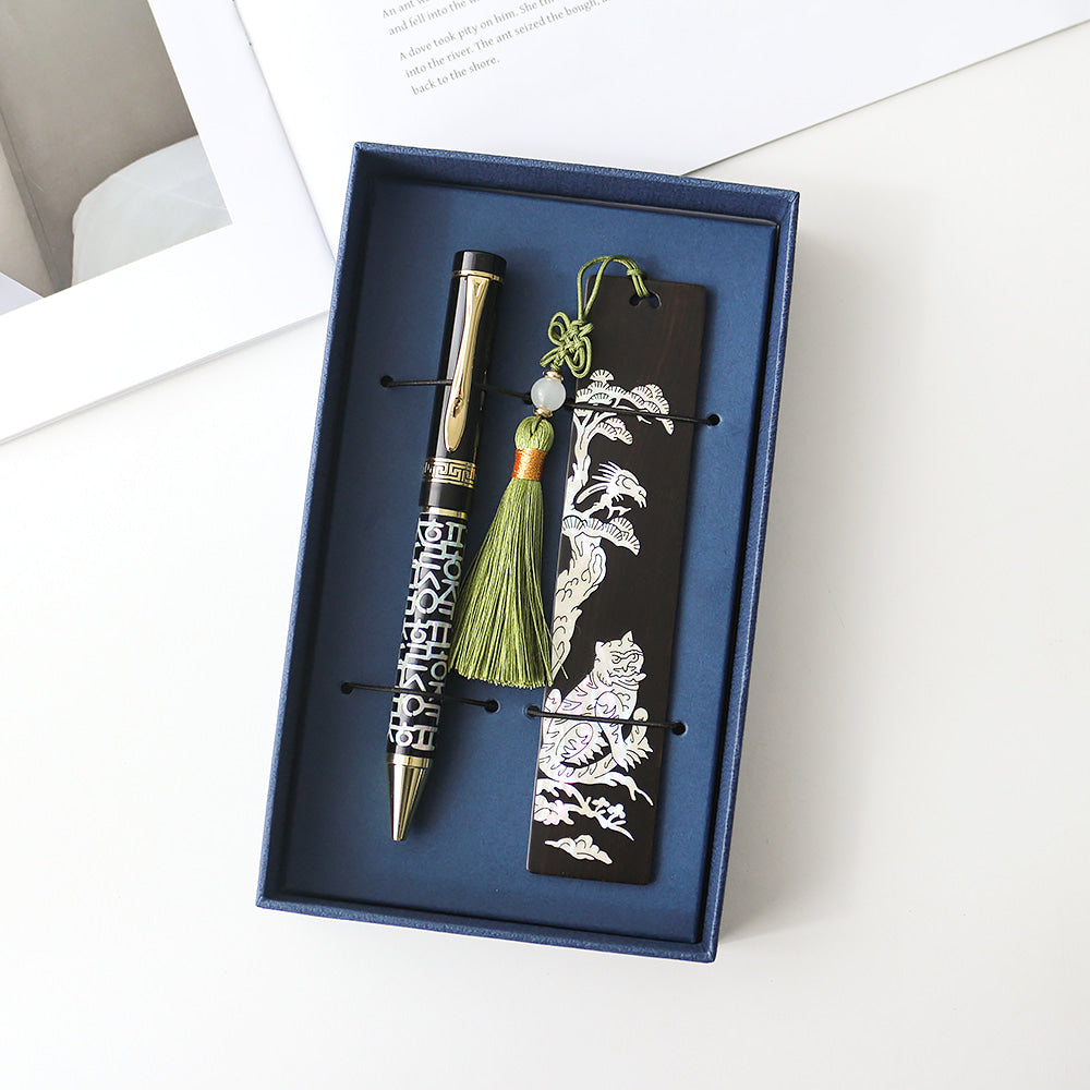 Wood Bookmark Hangul Lattice Mother of Pearl Pen (Lower Inlay) 2 Bell Set