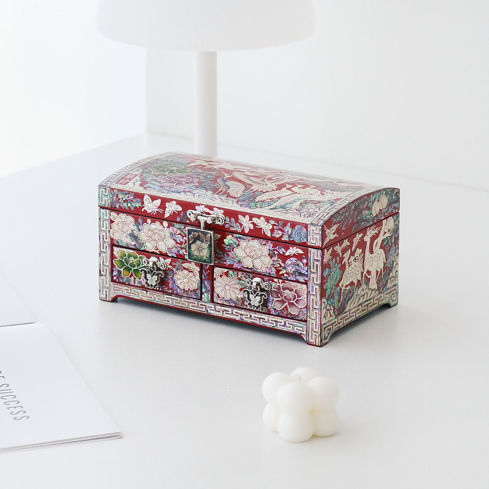 Masterpiece Najeonchilgi New Pine & Crane 1-Tier Drawer Mother of Pearl Jewelry Box, 18 cm (Master Artisan Kim Young-man)