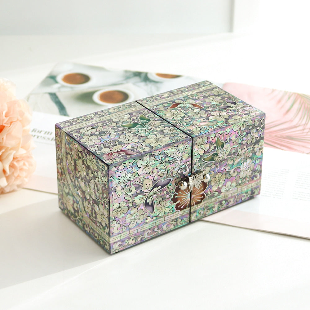 Najeonchilgi Painted Butterfly Double-Lidded Mother of Pearl Jewelry Box (Large)