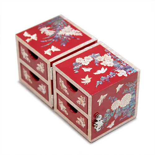 Four Gracious Plants NaturalMother of Pearl Double Lidded Jewelry Box (Medium, Glossy, Red) - Oh Myung - Ho