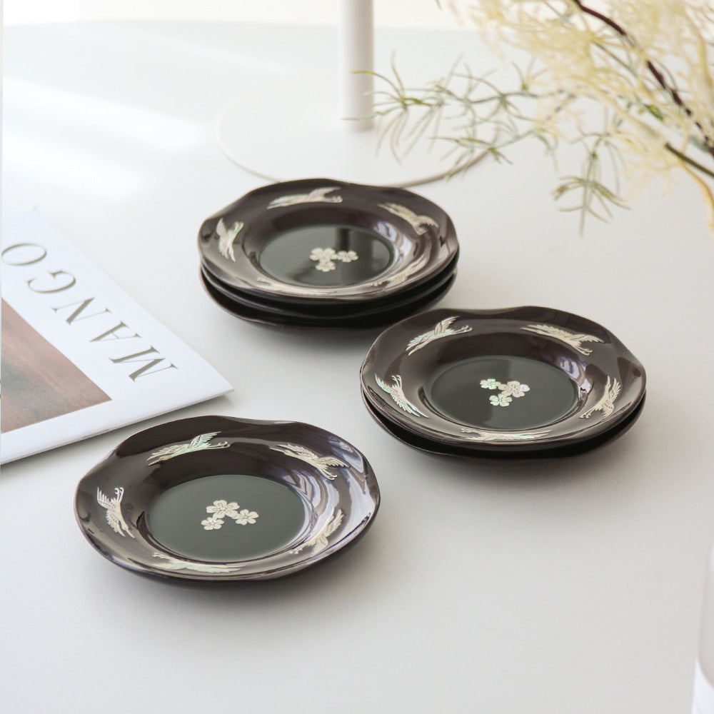 6-Piece Set: Najeonchilgi 5 Crane Tea Coaster Set Mother of Pearl Coaster Traditional Coaster (Master Artisan Lee Won-geun)