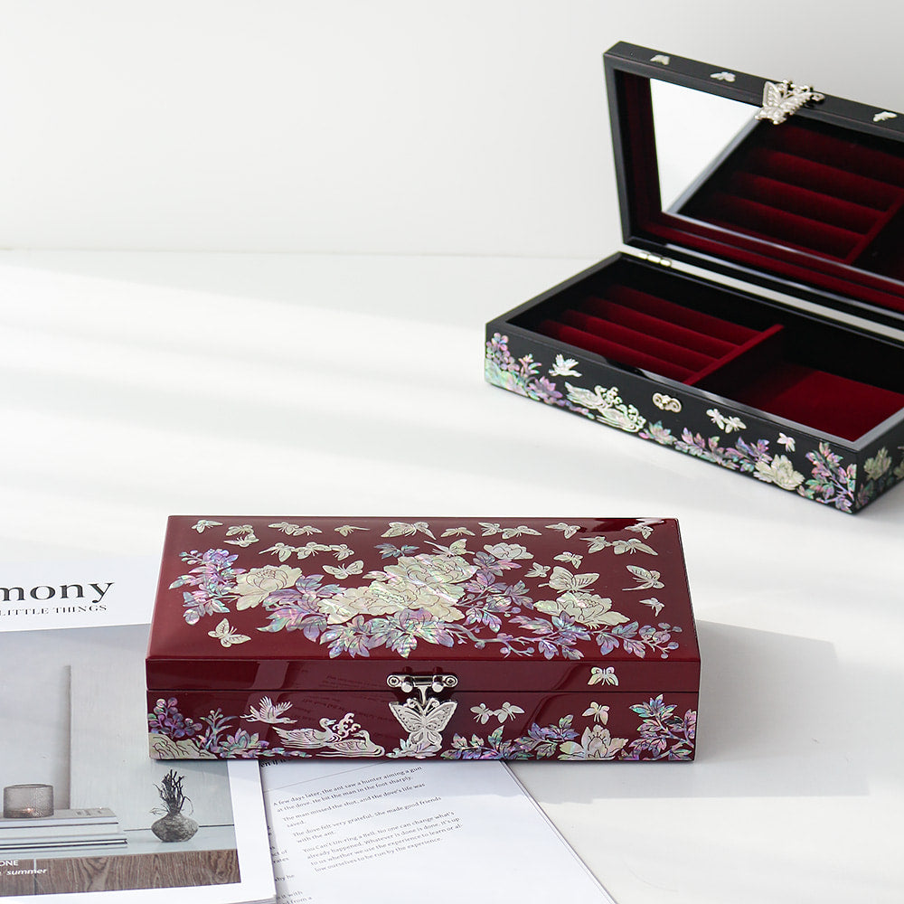 Najeonchilgi 1-Tier Peony & Butterfly Yedan Jewelry Box H Jewelry Box Yedan Wedding Gift Box Mother of Pearl, 23 cm