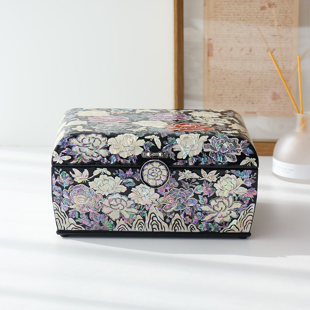 Najeonchilgi Peony Rounded Mother of Pearl Jewelry Box, 24 cm