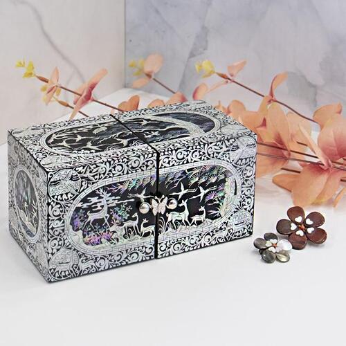 Premium Najeonchilgi Lacquerware Ten Symbols of Longevity Oval Border Double Lidded Mother of Pearl Jewelry Box