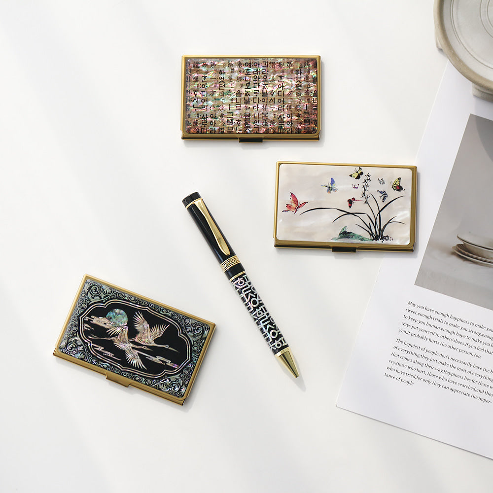 2-Piece Set: Gold Mother of Pearl Business Card Case N Hangul Lattice Mother of Pearl Pen Set (Lower Inlay)
