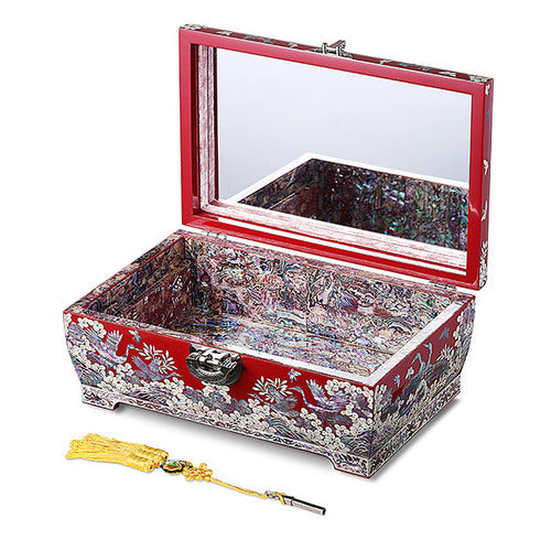 Pine & Crane Rounded 2-Tier Najeonchilgi Jewelry Box, Large (Red) by Jang Tae-bok