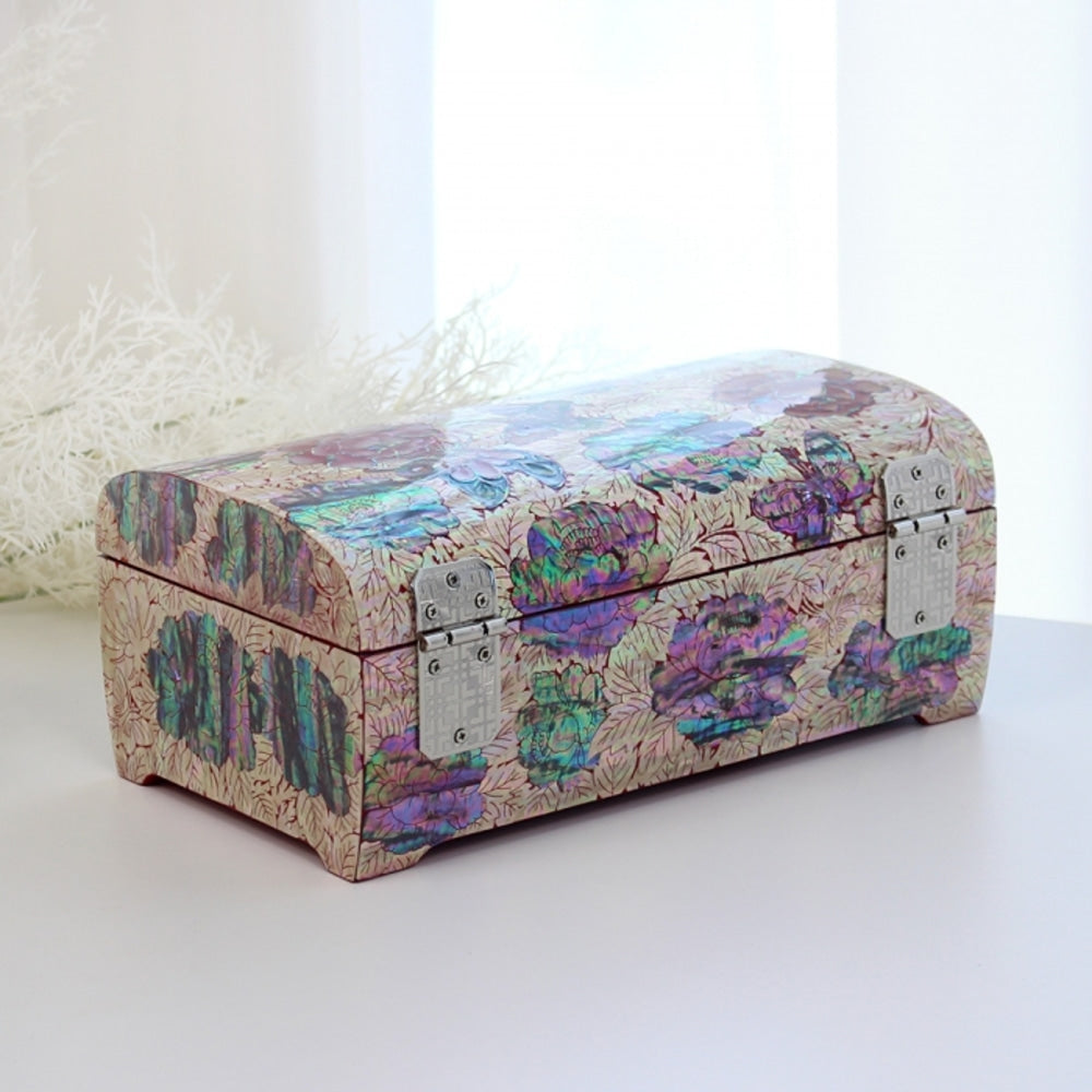 Premium Najeonchilgi Rounded Peony of Wealth Mother of Pearl Jewelry Box Yedan Wedding Gift Box, 24 cm