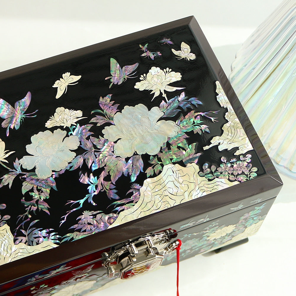 Masterpiece Najeonchilgi Peony & Pearl 2-Tier Mother of Pearl Jewelry Box Yedan Wedding Gift Box, 24 cm (Master Artisan Hong Seok-pyo)