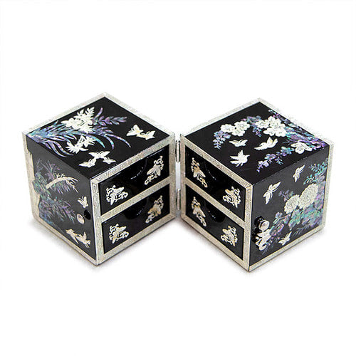 Four Gracious Plants NaturalMother of Pearl Double Lidded Jewelry Box (Medium, Glossy, Black) - Oh Myung - Ho
