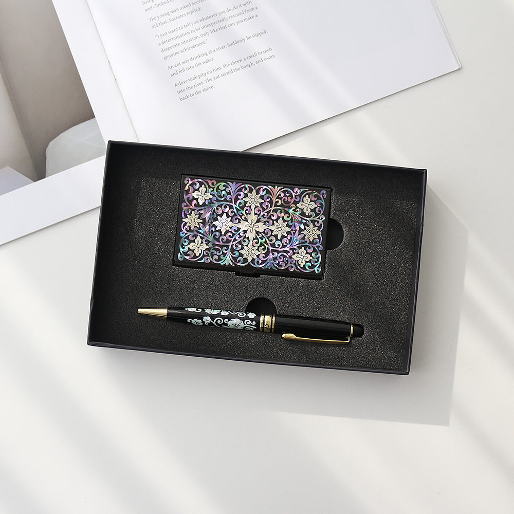2-Piece Set: Carved Business Card Case K Mother of Pearl Pen Set
