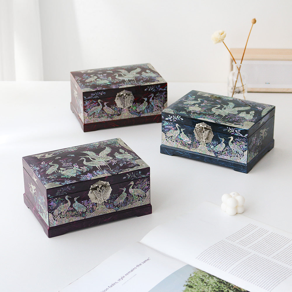 Najeonchilgi Hanji Flower Pine & Crane 2-Tier Mother of Pearl Jewelry Box, 21 cm