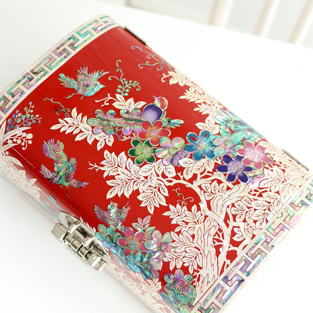 Najeonchilgi Painted Plum Blossom Rounded Mother of Pearl Jewelry Box, 21 cm