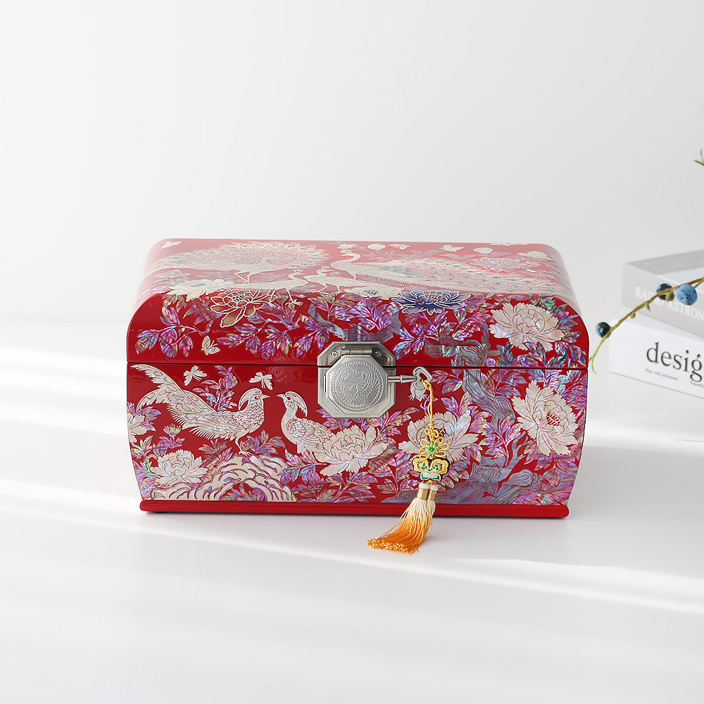 Masterpiece Najeonchilgi Peacock Peony of Wealth 3-Tier Rounded Mother of Pearl Jewelry Box, 30 cm