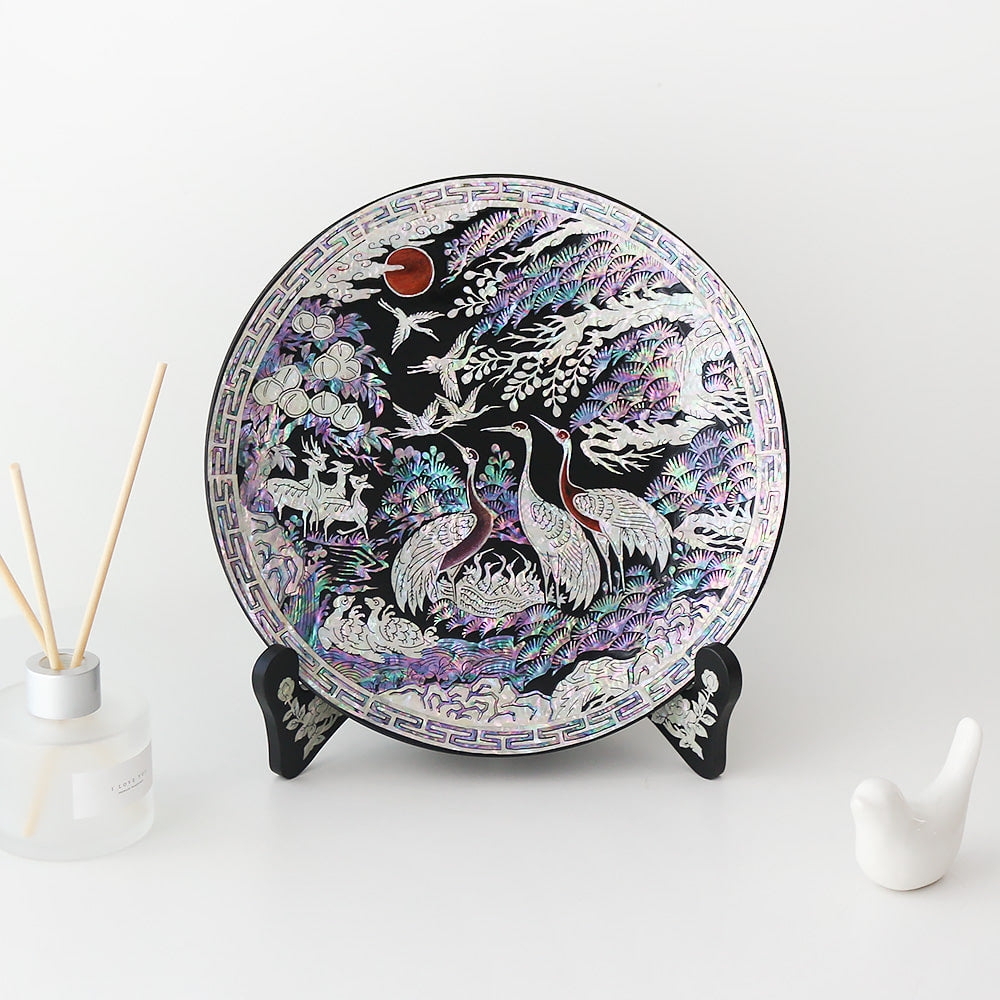 Najeonchilgi Ten Symbols of Longevity Ornament Dragon Mini Mother of Pearl Tray Black, 20 cm