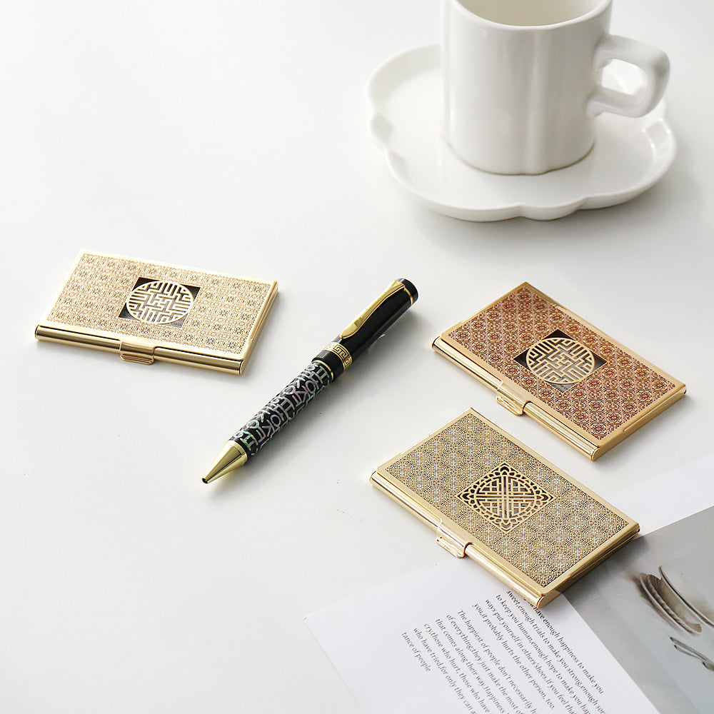 2-Piece Set: Metal Gold Mother of Pearl Business Card Case Hangul Lattice Mother of Pearl Pen Set (Lower Inlay)