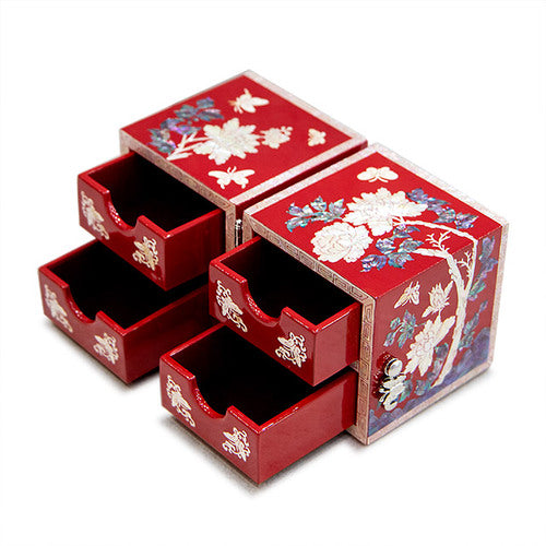 Peony NaturalMother of Pearl Double Lidded Jewelry Box (Medium, Glossy, Red) - Oh Myung - Ho