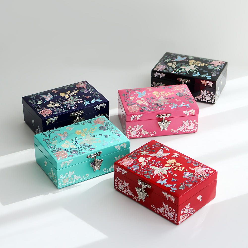 Najeonchilgi Mother of Pearl Jewelry Box Hanji Butterfly Peony Flower Jewelry Box Najeon Jewelry Box Korean, 16 cm