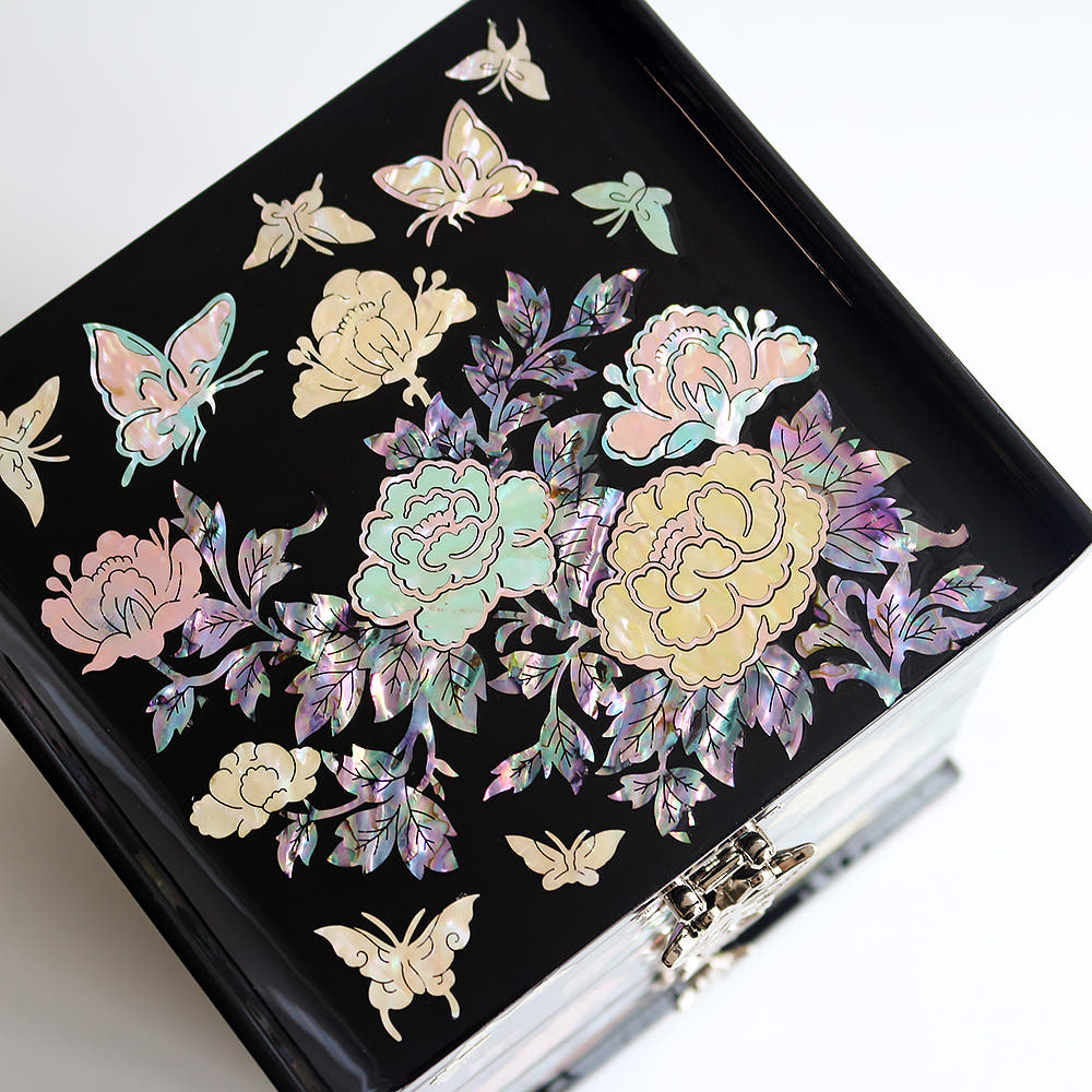 Vivid Peony 2-Tier Drawer Mother of Pearl Jewelry Box Najeonchilgi Jewelry Box Najeon Vanity Mirror Jewelry Box Storage