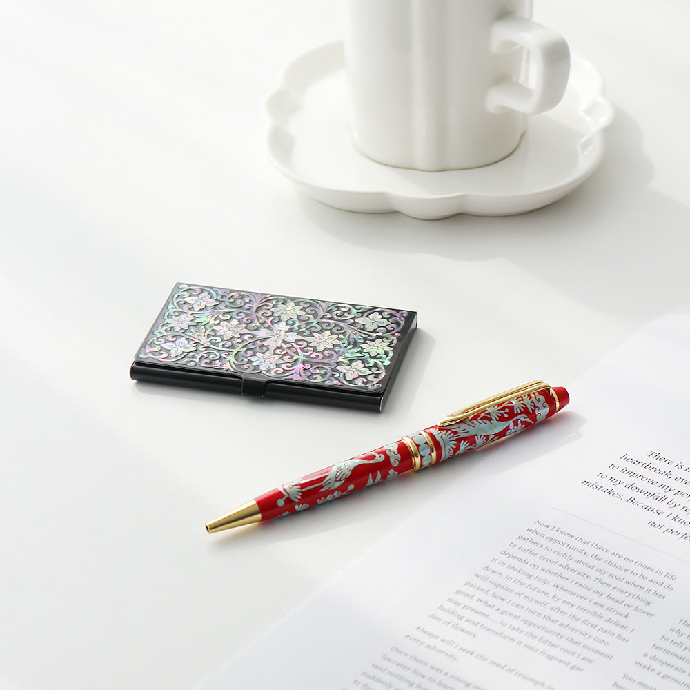 2-Piece Set: Carved Mother of Pearl Business Card Case Pine & Crane Mother of Pearl Pen Set